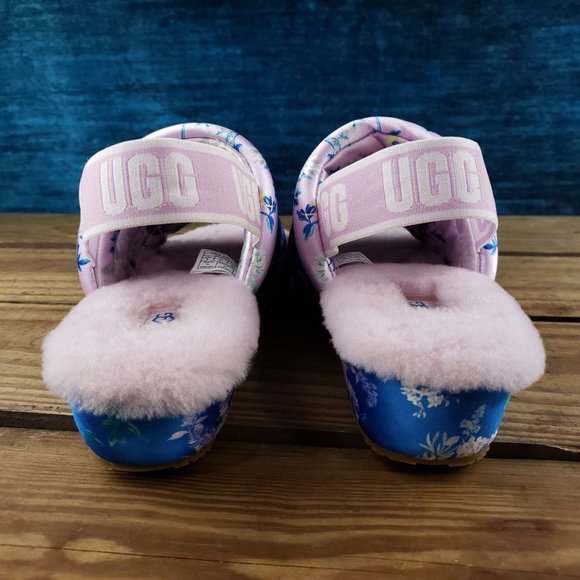 UGG Puff Yeah Floral Polka Dot Slide Sling Back Womens Size 8 Lamb Fur Silk Pink - Picture 7 of 10